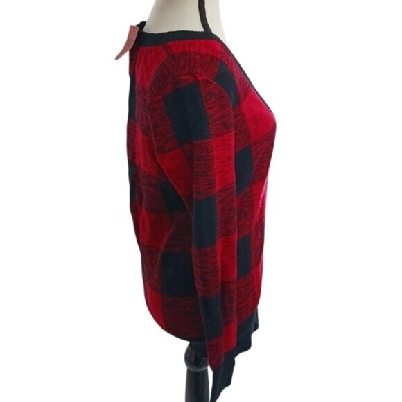 Mossimo Cardigan Sweater Red Black Buffalo Plaid V Neck Womens Size S - Picture 4 of 7
